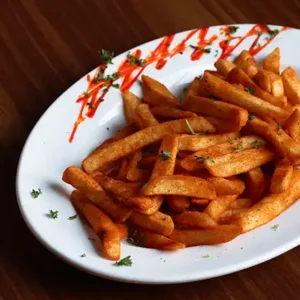 Plate of crispy, golden Peri Peri fries sprinkled with spices, served in a café-style presentation.