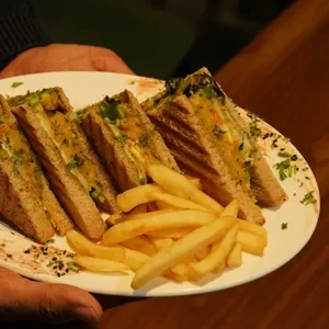 Bombay Toastie sandwich with spiced vegetables and grilled buttered bread served hot