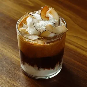 Coconut coffee served in a glass with frothy cream and coconut garnish at Avaya Café