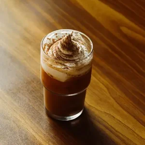 Glass of iced salted coffee with creamy froth and a hint of salt served chilled at Avaya Café