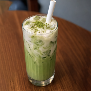 Layered Coconut Matcha Cloud drink with matcha cream and coconut chips served at Avayacafe.