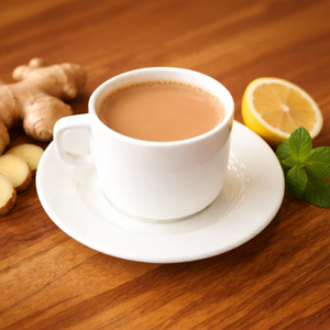 Cup of hot ginger tea with milk and cardamom served at Avayacafe.