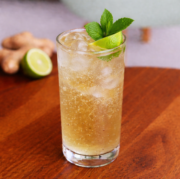 Glass of Ginger Ale Cooler with lime slice, mint, and sparkling soda served at Avayacafe.